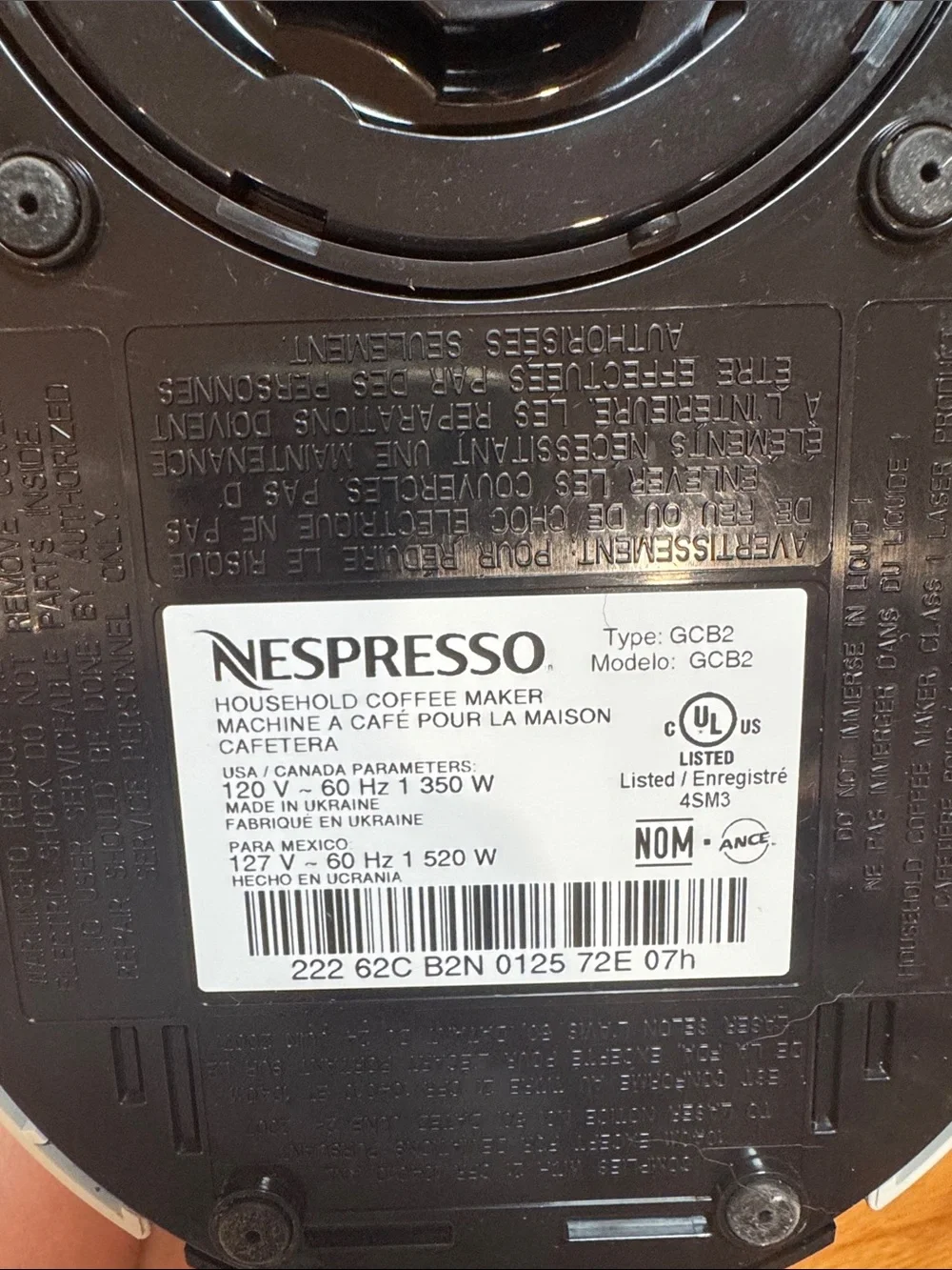 Nespresso Black and White Model GCB2 Label Close-Up
